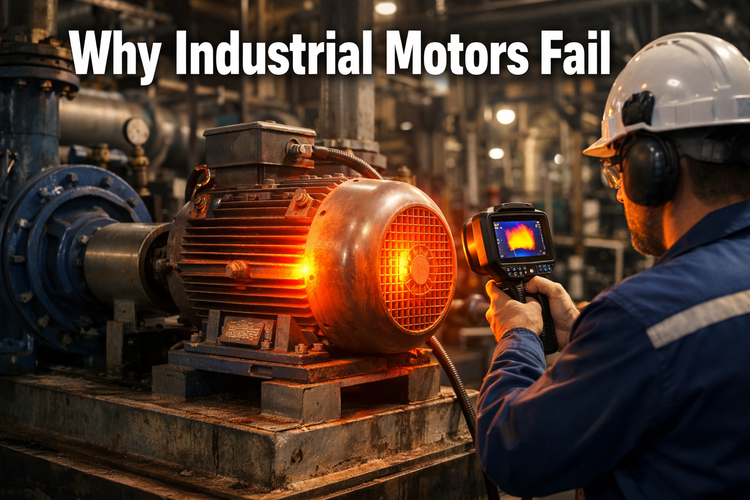 maintenance engineer inspecting industrial motors failure using thermal camera in manufacturing plant