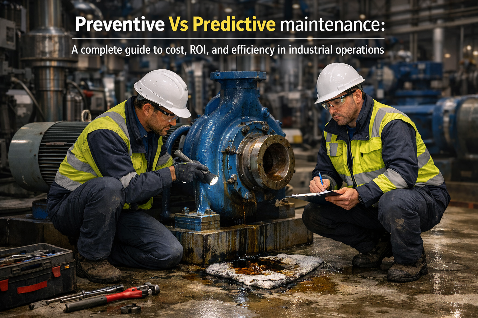maintenance technician inspecting centrifugal pump showing early signs of vibration and leakage in industrial plant
