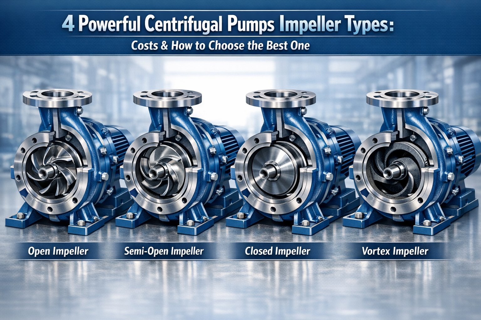 Centrifugal pumps impeller types—open, semi-open, closed, and vortex—shown in cutaway view with metallic blue housings and polished steel components.