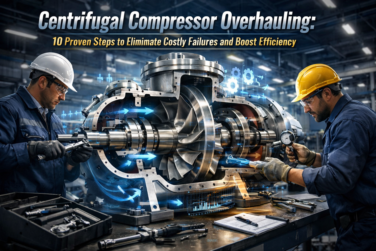 Centrifugal compressor overhauling process with engineers inspecting impeller, shaft, and bearings to improve efficiency and prevent failures.