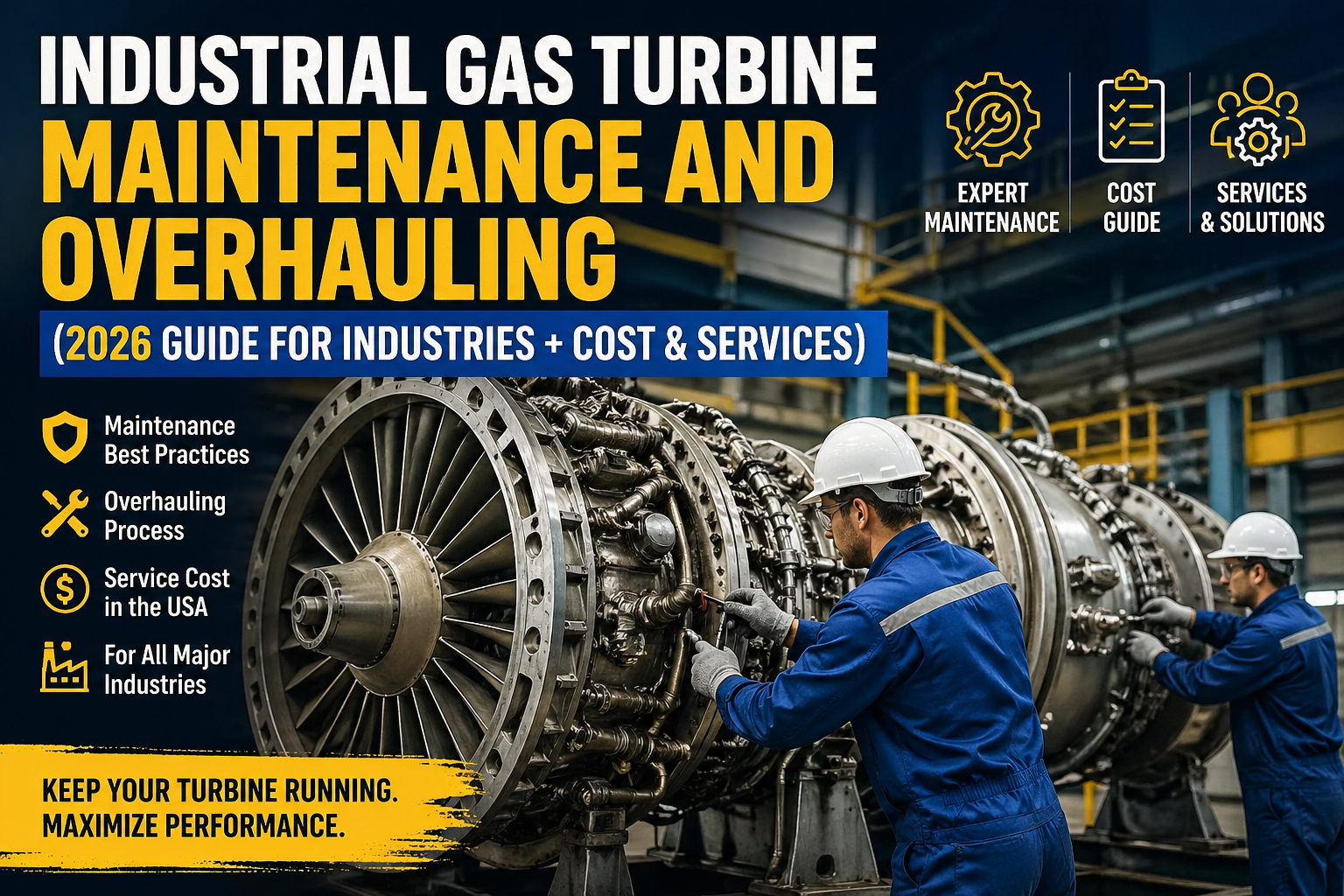 Industrial gas turbine maintenance and overhauling process with engineers inspecting turbine parts in a power plant, highlighting service cost and industrial maintenance in the USA