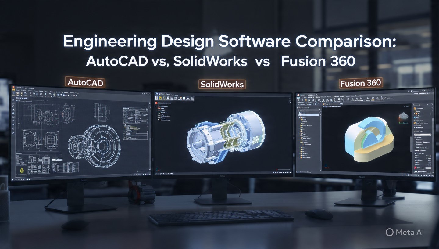 Engineering design software comparison showing three monitors labeled AutoCAD with 2D drawings, SolidWorks with a 3D mechanical assembly, and Fusion 360 with a CAD model interface.