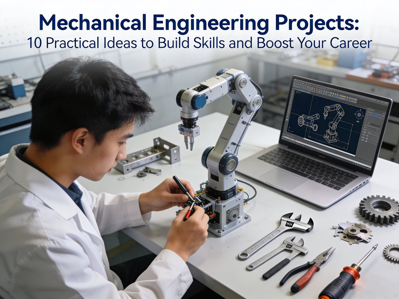 Mechanical engineering student building a robotic arm prototype with CAD design on laptop.