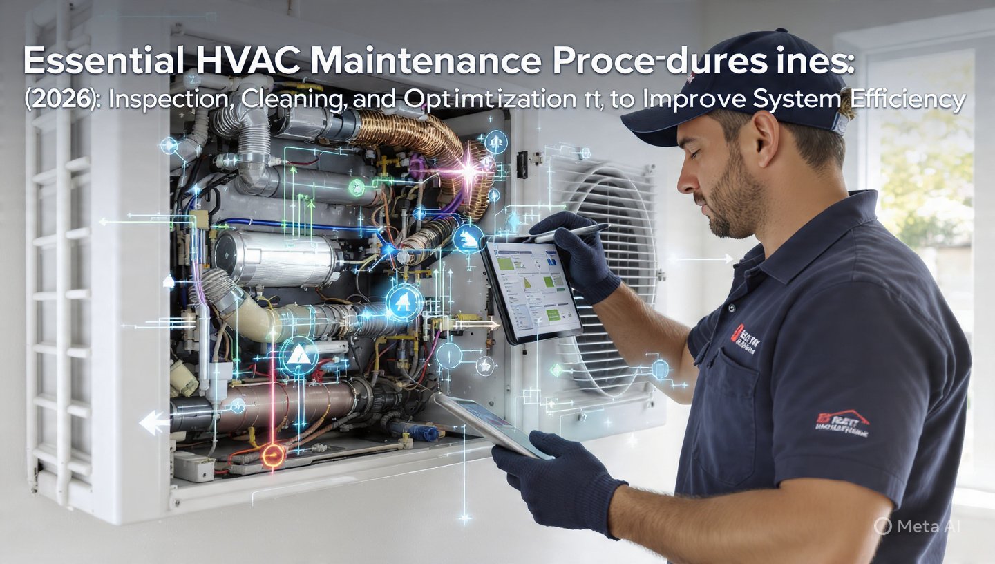 HVAC technician inspecting and cleaning (HVAC maintenance work) a modern air conditioning system using a digital tablet, with smart diagnostics and airflow optimization visuals in a residential setting.