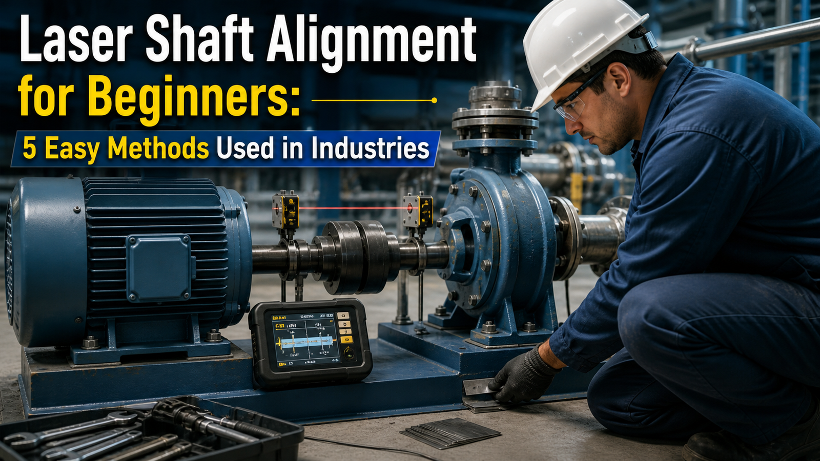 Technician performing laser shaft alignment on industrial pump and motor using alignment tool and shims in factory setup