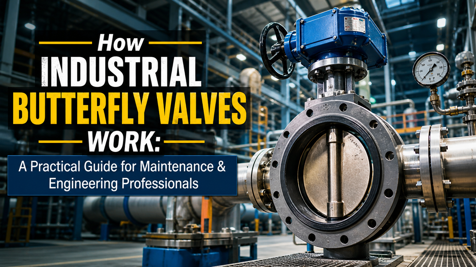 industrial butterfly valves installed in factory pipeline system with actuator and pressure gauge showing working principle