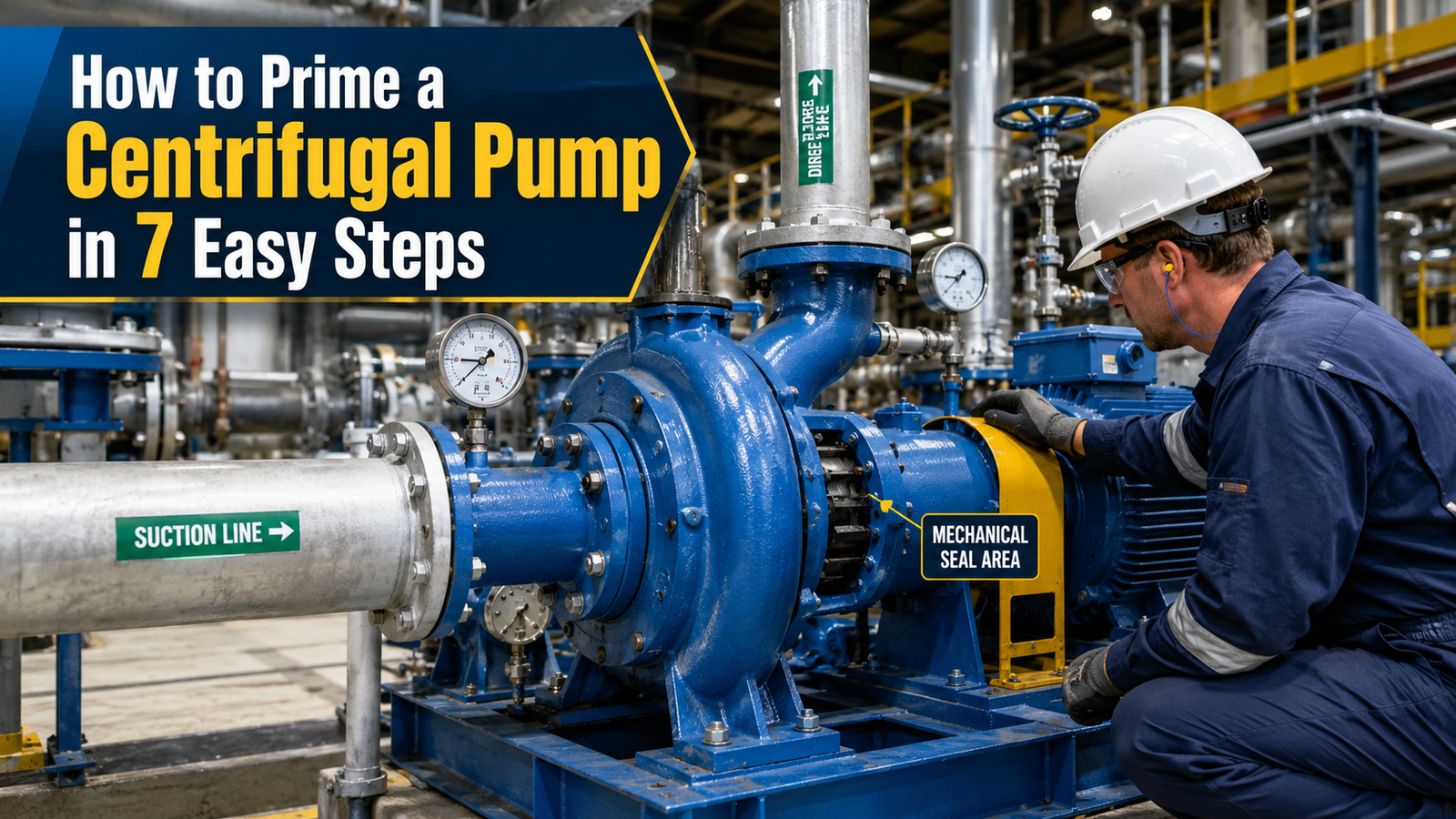 Technician inspecting a centrifugal pump during industrial startup procedure