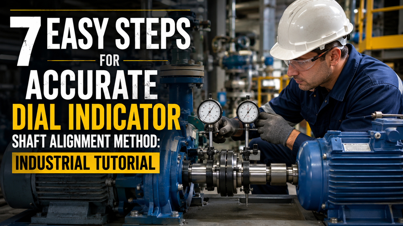 Industrial maintenance technician wearing safety helmet, gloves, and safety glasses performing dial indicator shaft alignment on a motor and pump setup inside a manufacturing plant.