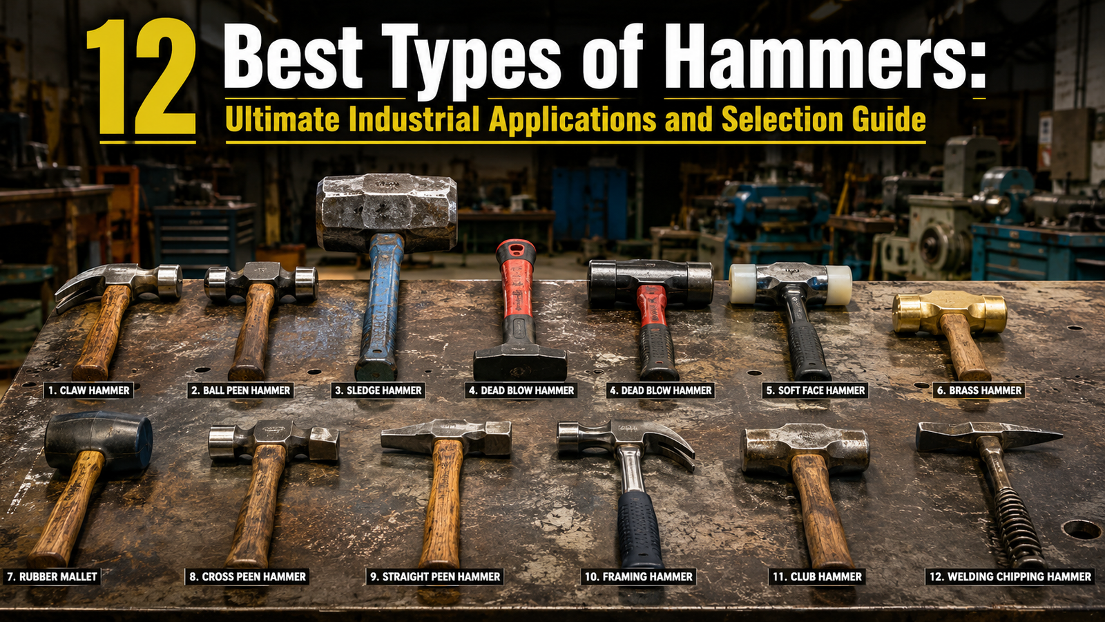 12 types of industrial hammers with applications displayed on a workshop table.