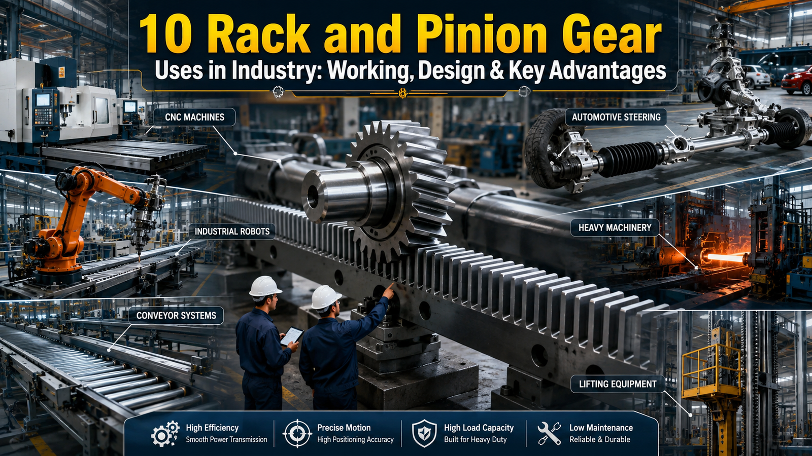 Rack and pinion gear applications in CNC machines, robots, conveyors, automotive steering, and industrial equipment.