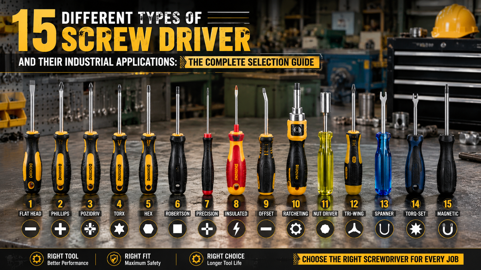 Fifteen different screwdriver types including Flat Head, Phillips, Pozidriv, Torx, Hex, Robertson, Precision, Insulated, Offset, Ratcheting, Nut Driver, Tri-Wing, Spanner, Torq-Set, and Magnetic screw driver arranged on a steel workbench inside an industrial workshop.