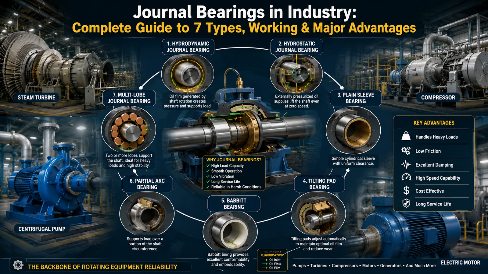 Industrial infographic showing 7 types of journal bearings used in turbines, pumps, compressors, and rotating machinery
