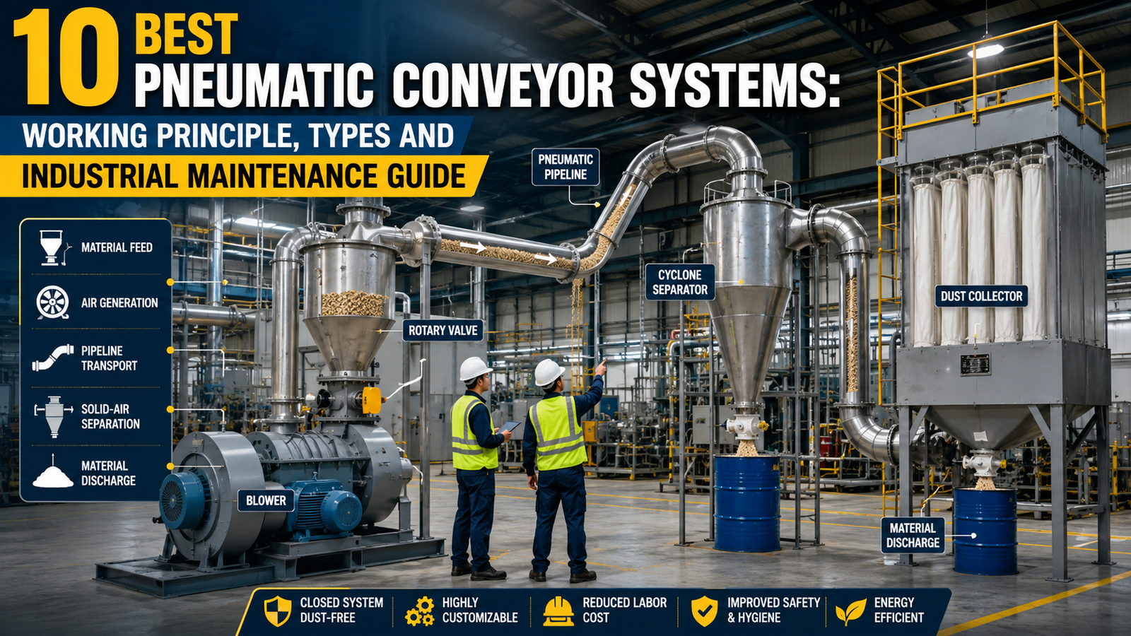 Industrial pneumatic conveyor system inside a modern manufacturing plant showing blower, rotary valve, pipelines, cyclone separator, dust collector, and bulk material flow with engineers wearing PPE inspecting equipment, illustrating pneumatic conveyor working principles and industrial maintenance processes.