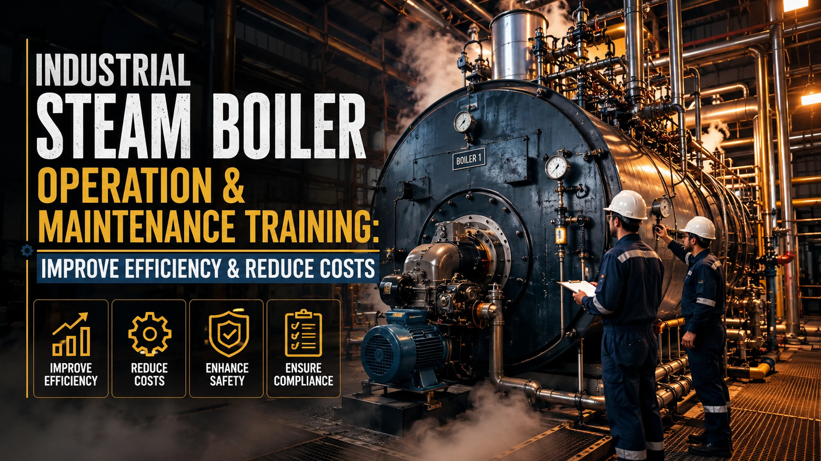 Industrial steam boiler operation and maintenance training with engineers inspecting boiler system to improve efficiency and reduce costs