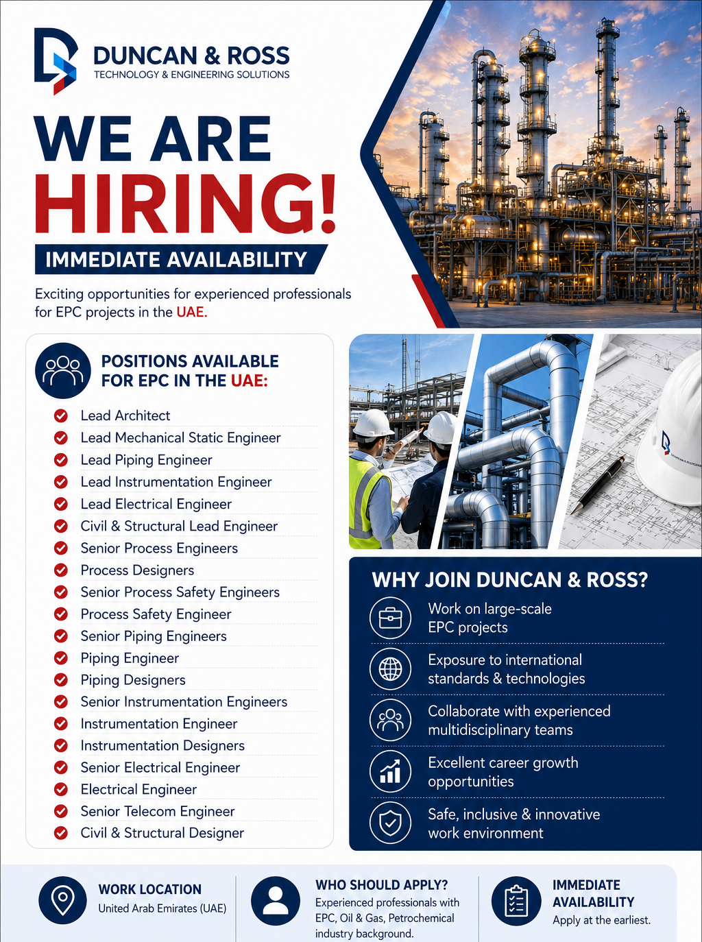 Professional Duncan & Ross UAE recruitment poster featuring immediate EPC engineering job openings, industrial refinery background, engineers reviewing project plans, pipeline infrastructure, and a detailed list of vacancies for mechanical, piping, electrical, process, instrumentation, civil, telecom, and architecture professionals with an Apply Now call-to-action.