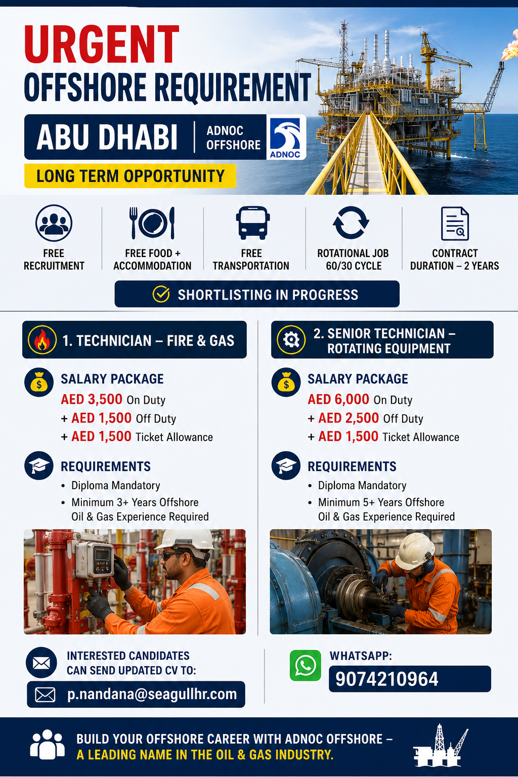 "ADNOC Offshore Abu Dhabi recruitment poster showing offshore technician jobs, salary packages, free accommodation, transportation, rotational schedule, and oil and gas career opportunities for experienced professionals