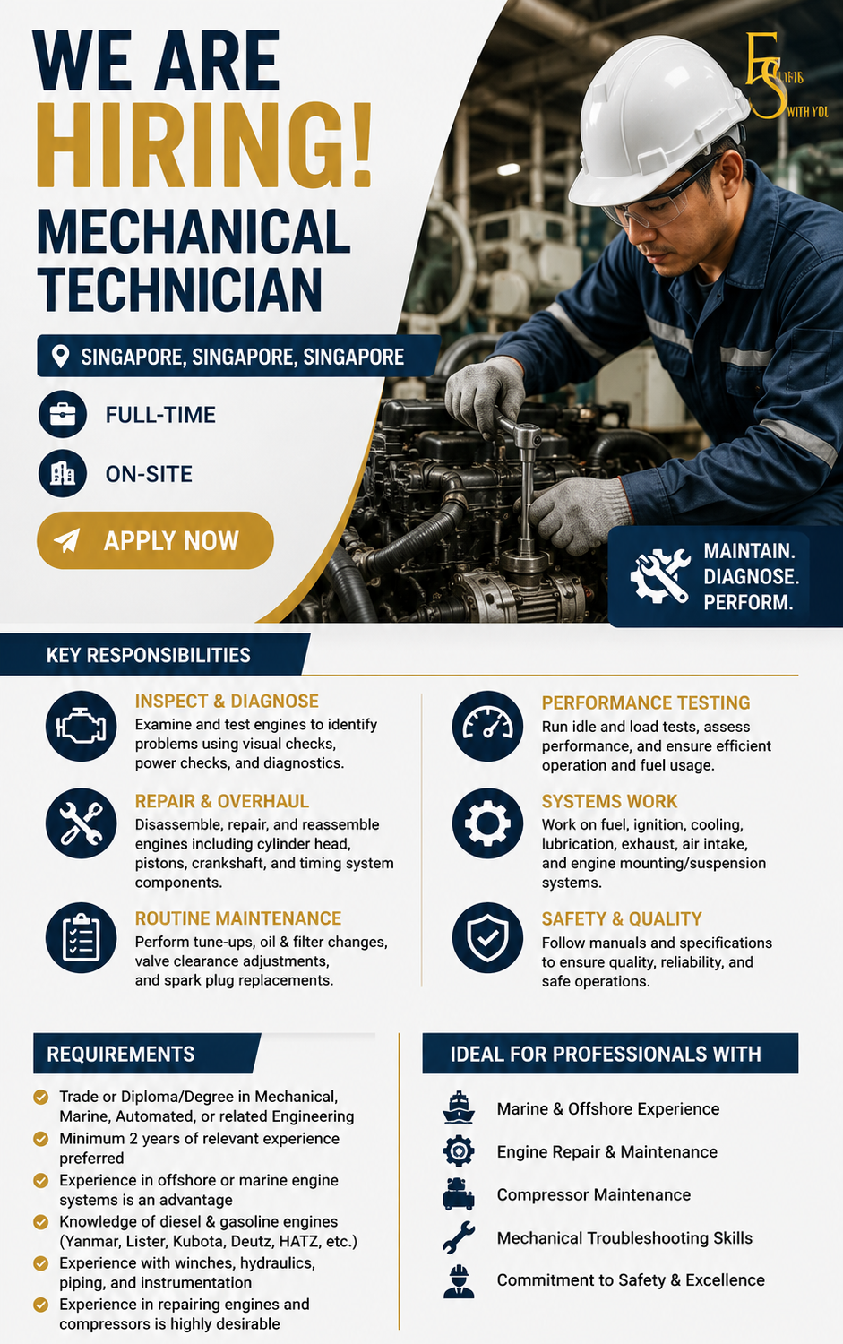 Mechanical Technician job vacancy in Singapore showing a technician performing engine maintenance and repair. The recruitment poster highlights full-time on-site opportunities, engine diagnostics, preventive maintenance, offshore and marine equipment experience, qualification requirements, and application details for mechanical professionals.