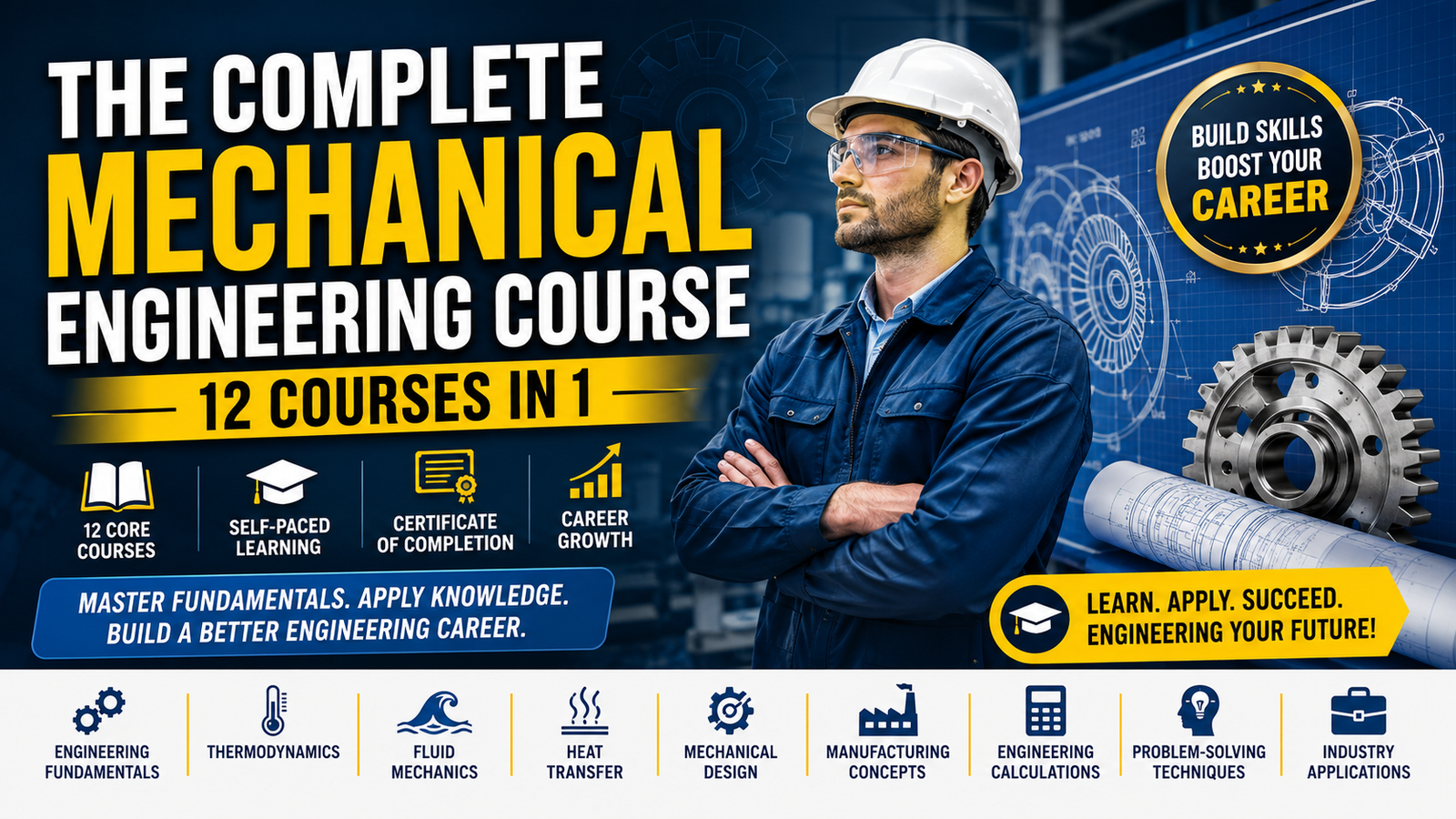 The Complete Mechanical Engineering Course 12 Courses in 1 review banner showing engineering fundamentals, thermodynamics, fluid mechanics, mechanical design, engineering calculations, and career growth opportunities.