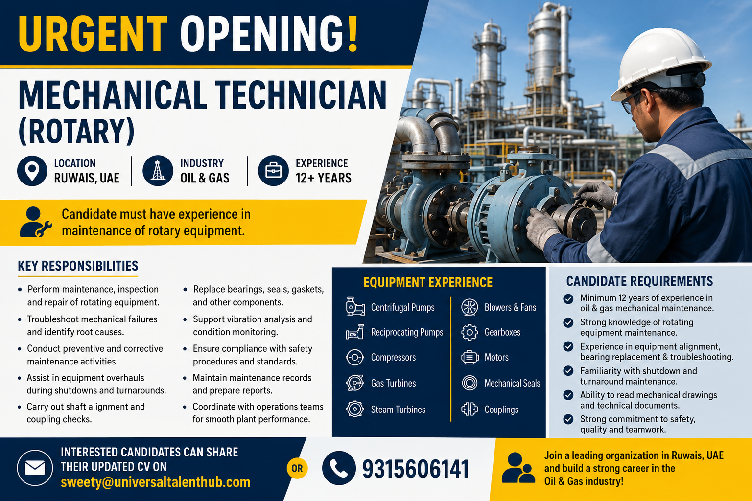Professional recruitment poster for Mechanical Technician (Rotary) jobs in Ruwais, UAE. Features an oil and gas maintenance technician inspecting rotating equipment in an industrial refinery setting, with job details including 12+ years of experience, key responsibilities, equipment expertise, candidate requirements, and application contact information.