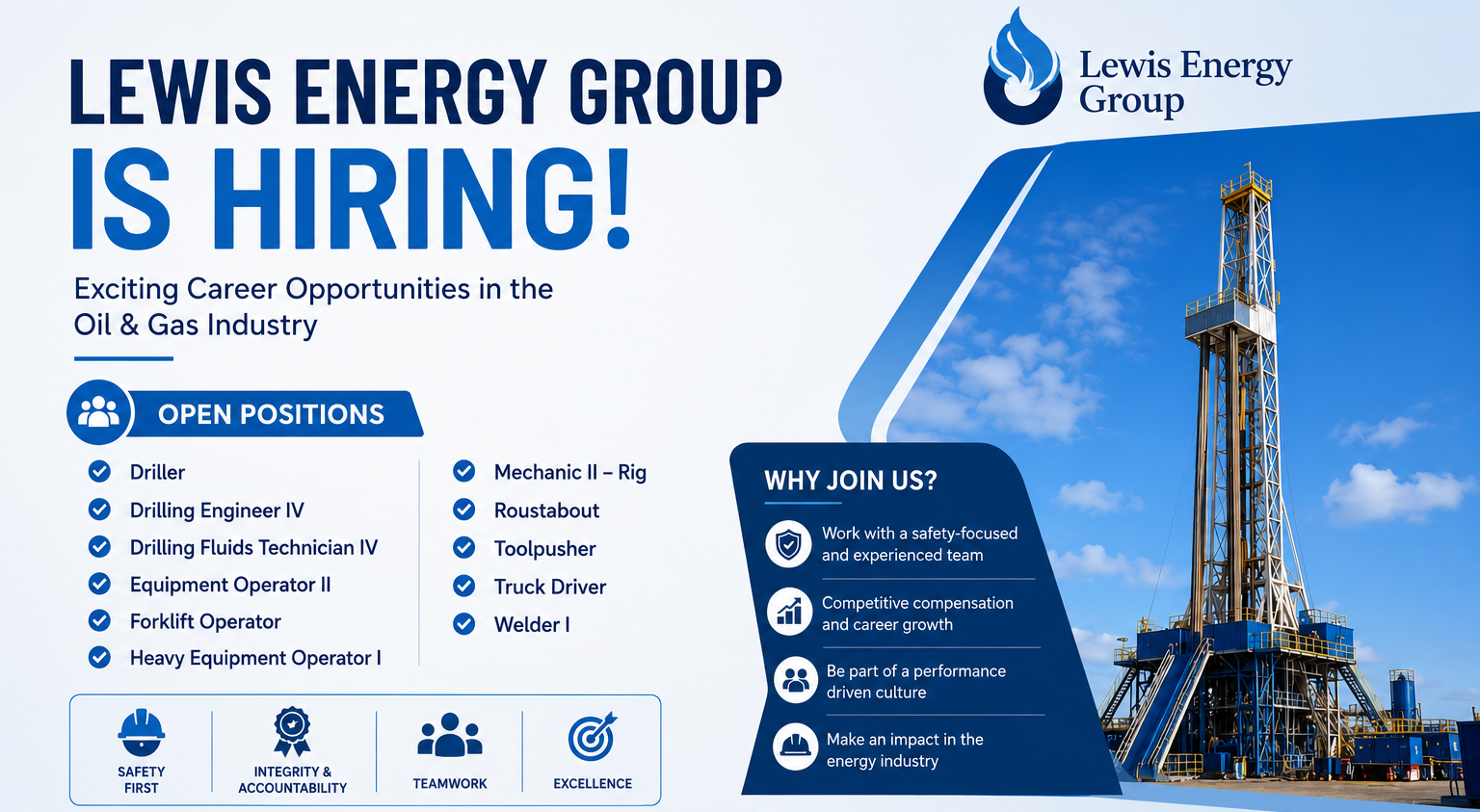 "Professional Lewis Energy Group recruitment banner featuring a large offshore drilling rig and multiple oil and gas job openings, including Driller, Drilling Engineer, Equipment Operator, Mechanic, Toolpusher, Truck Driver, and Welder. The blue-and-white hiring poster highlights career growth opportunities, safety-focused work culture, teamwork, integrity, accountability, and excellence in the energy industry.