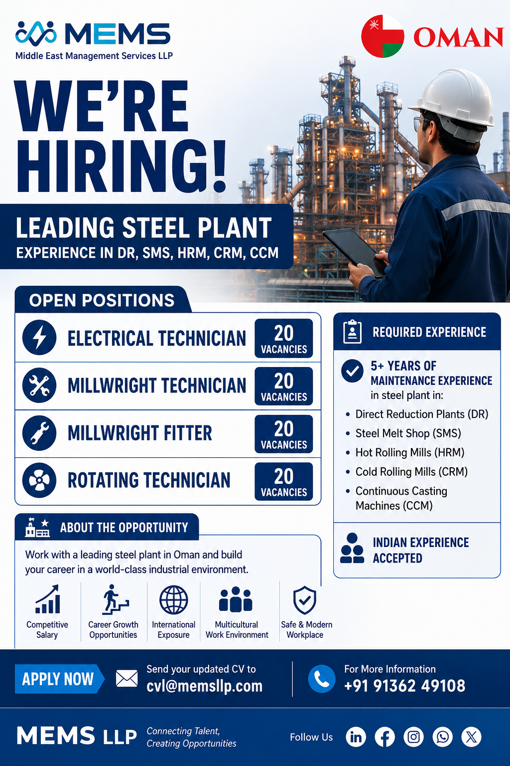 Recruitment poster for a leading steel plant in Oman by MEMS (Middle East Management Services LLP). The poster features an industrial steel plant background with an engineer wearing a safety helmet and holding a tablet. It advertises 20 vacancies each for Electrical Technician, Millwright Technician, Millwright Fitter, and Rotating Technician positions. Requirements include 5+ years of maintenance experience in Direct Reduction (DR), Steel Melt Shop (SMS), Hot Rolling Mills (HRM), Cold Rolling Mills (CRM), and Continuous Casting Machines (CCM). Indian experience is accepted. The poster highlights career growth opportunities, international exposure, competitive salary, and a modern work environment. Contact details are provided for CV submission and inquiries.