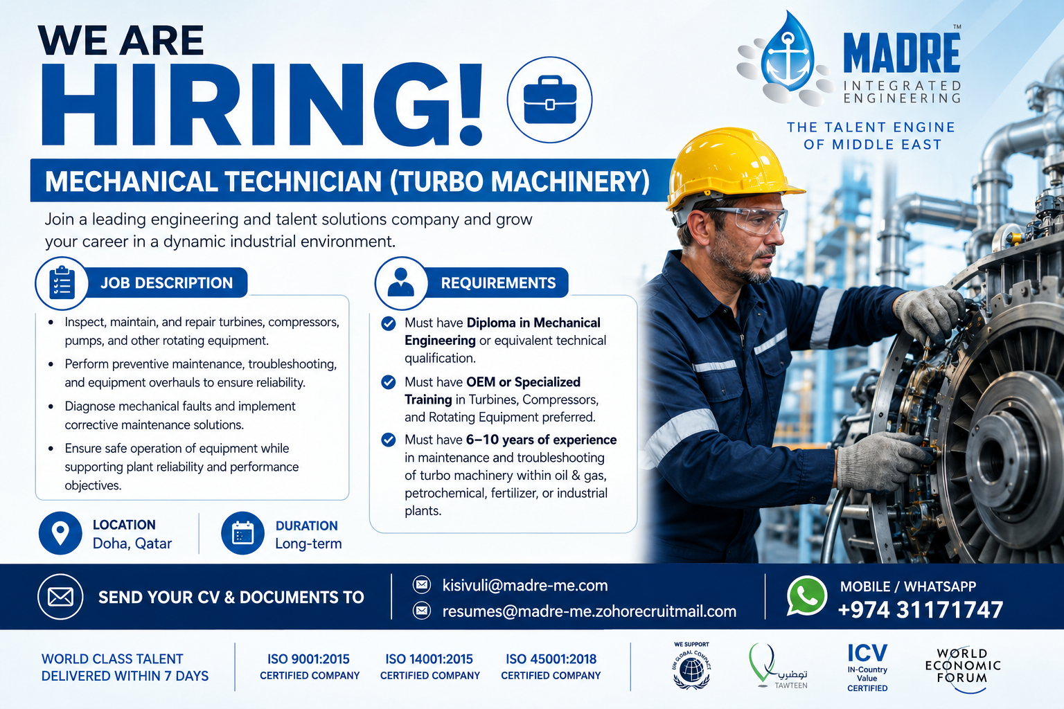 Mechanical Technician Turbo Machinery job in Doha Qatar with Madre Integrated Engineering hiring now.