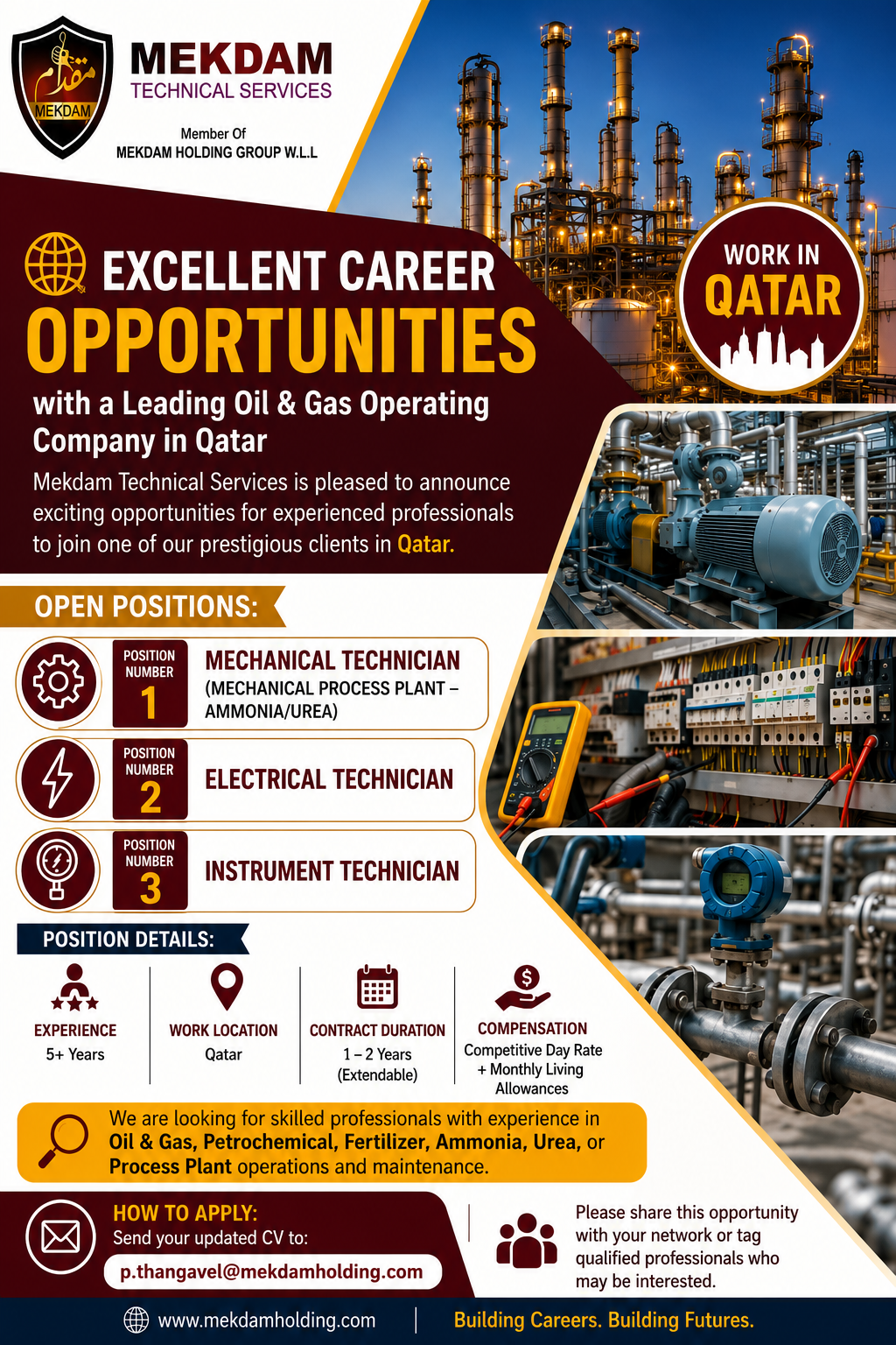 Recruitment poster for oil and gas jobs in Qatar by Mekdam Technical Services. The flyer features an industrial refinery background with highlighted openings for Mechanical Technician (Ammonia/Urea Plant), Electrical Technician, and Instrument Technician. Images of industrial machinery, electrical panels, and instrumentation equipment are displayed alongside job details, including 5+ years of experience, Qatar work location, 1–2 year extendable contract, and competitive compensation with living allowances. Contact information for CV submission is provided at the bottom.