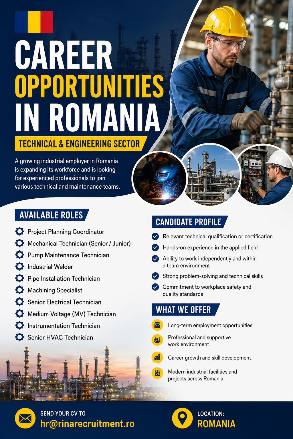 Career Opportunities in Romania recruitment poster featuring technical and engineering jobs openings including Mechanical Technician, Pump Maintenance Technician, Industrial Welder, Electrical Technician, Instrumentation Technician, HVAC Technician, and Project Planning Coordinator. The image shows industrial workers, refinery facilities, welding operations, electrical maintenance activities, and the Romanian flag, highlighting career opportunities in Romania's industrial sector.