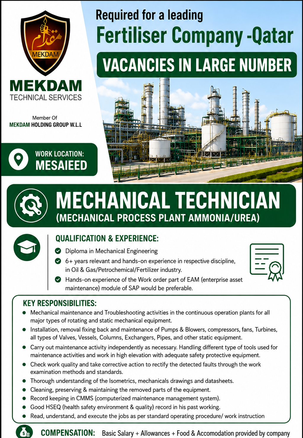 Mechanical Technician job vacancy in Qatar for a leading fertilizer company in Mesaieed. Recruitment poster highlighting requirements for Mechanical Process Plant Ammonia/Urea Technicians with diploma qualification, 6+ years of experience in oil and gas, petrochemical, or fertilizer industries, along with responsibilities involving pumps, compressors, turbines, valves, heat exchangers, SAP EAM, and industrial maintenance. Benefits include salary, allowances, food, and accommodation.