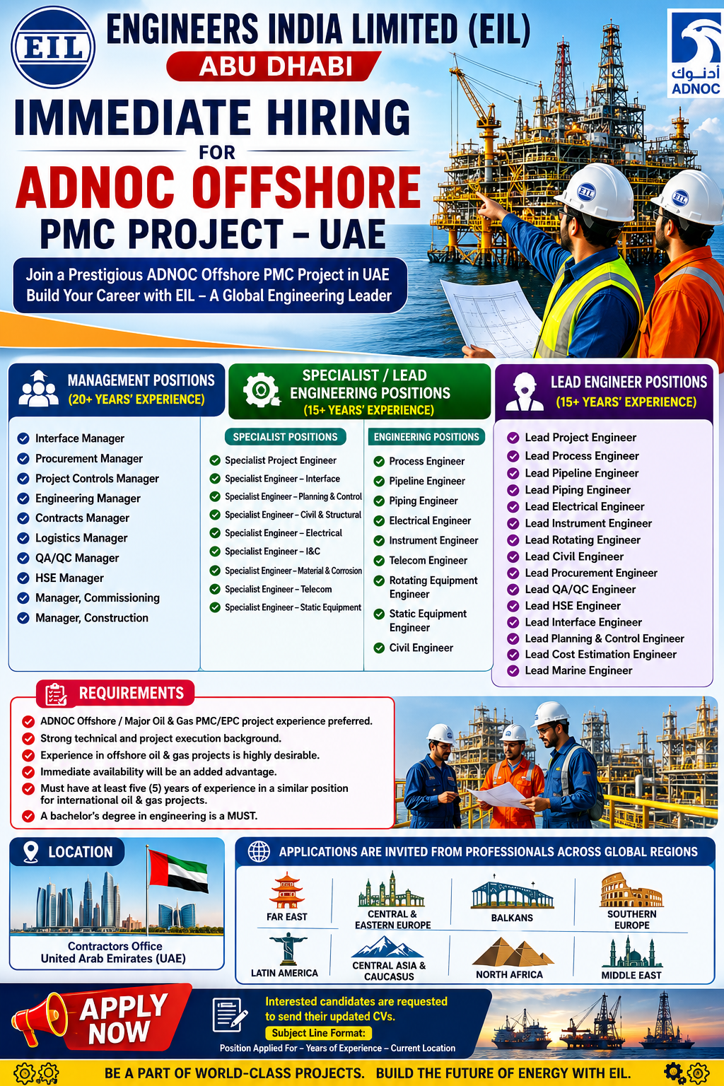 Engineers India Limited (EIL) Abu Dhabi immediate hiring for ADNOC Offshore PMC Project UAE, featuring offshore oil platform, engineering professionals, management positions, specialist engineers, and lead engineering vacancies in the oil and gas sector.