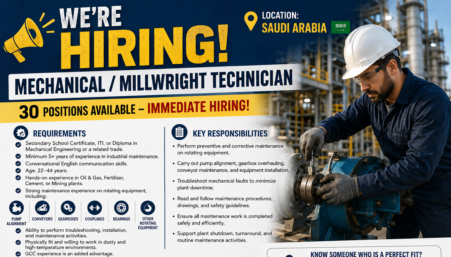 Mechanical / Millwright Technician Jobs in Saudi Arabia – Hiring 30 experienced industrial maintenance professionals with expertise in pump alignment, gearboxes, conveyors, bearings, and rotating equipment maintenance. Immediate hiring opportunity for Oil & Gas, Cement, Mining, and Fertilizer plant technicians.