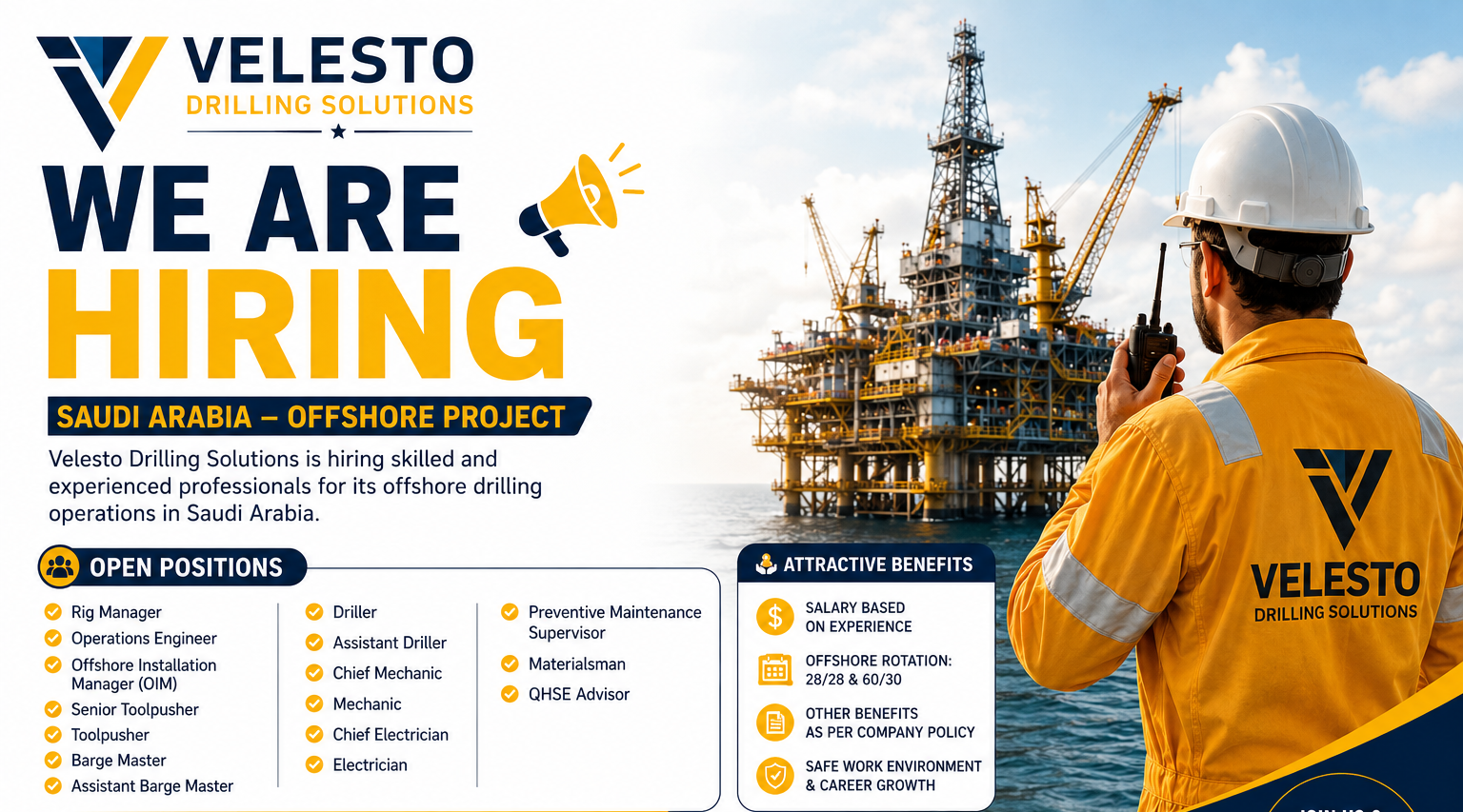 Velesto Drilling Solutions offshore drilling jobs in Saudi Arabia featuring offshore oil rig, rig worker, and multiple vacancies for drilling, mechanical, electrical, and management professionals.