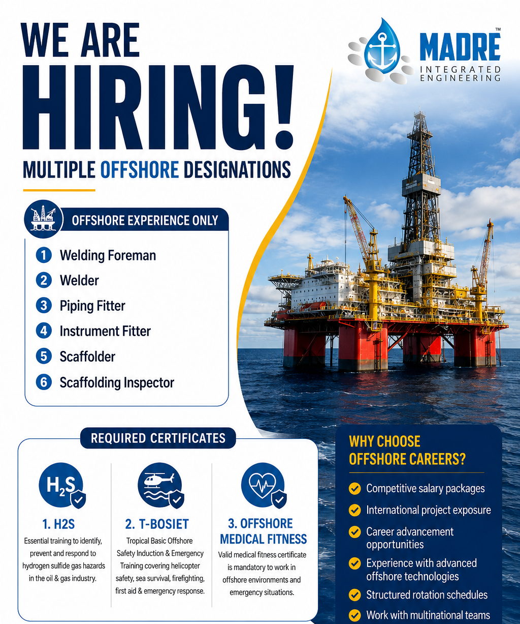 Offshore oil and gas recruitment poster featuring multiple job openings including Welding Foreman, Welder, Piping Fitter, Instrument Fitter, Scaffolder, and Scaffolding Inspector, with an offshore drilling platform in the ocean and required certifications such as H2S, T-BOSIET, and Offshore Medical Fitness.
