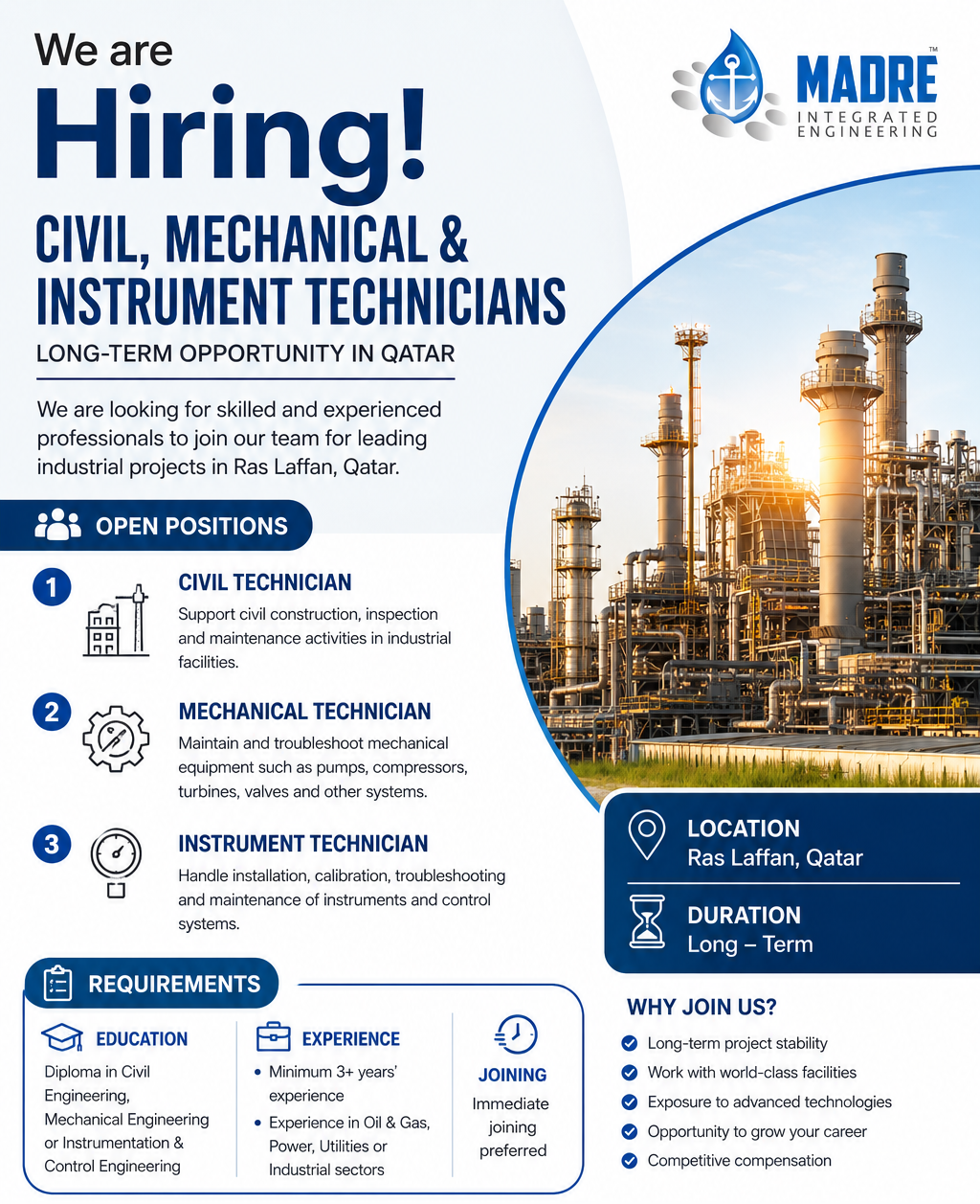 Recruitment poster for Civil Technician, Mechanical Technician, and Instrument Technician jobs in Ras Laffan, Qatar. Long-term industrial project opportunity requiring a diploma and 3+ years of experience in oil & gas, power, utilities, or industrial sectors, featuring a large refinery and processing plant background.