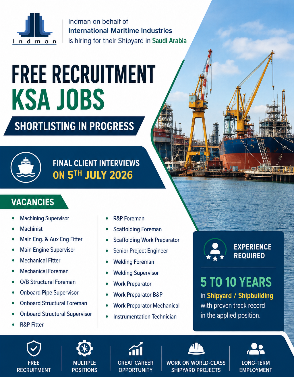 Free Recruitment KSA Shipyard Jobs 2026 by Indman – Saudi Arabia shipbuilding vacancies including Mechanical Fitter, Machinist, Welding Supervisor, Structural Foreman, Project Engineer, Instrumentation Technician, and other marine engineering positions.