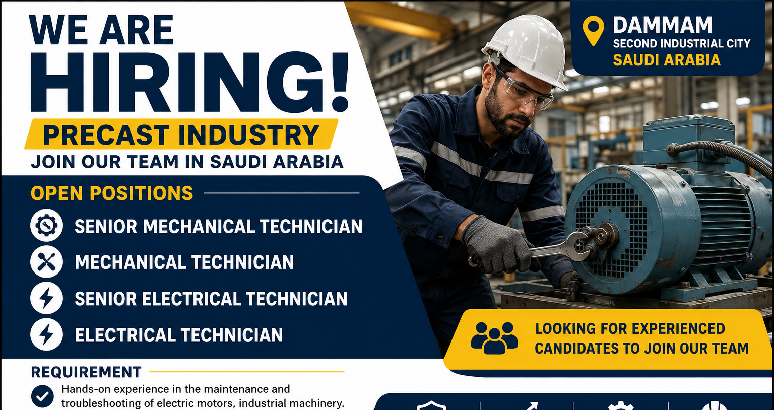 Senior Mechanical Technician and Electrical Technician jobs in Dammam, Saudi Arabia. Hiring for experienced professionals in the precast industry with industrial maintenance and electric motor troubleshooting experience.