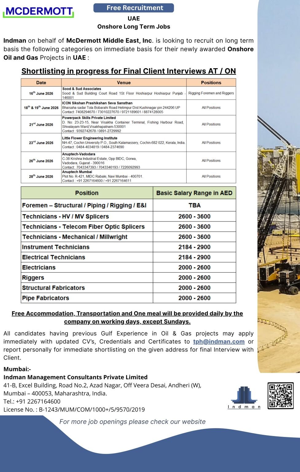 McDermott Jobs UAE onshore Oil & Gas jobs 2026 recruitment advertisement featuring vacancies for technicians, riggers, fabricators, electricians, and foremen with salary details, interview schedule, and free recruitment