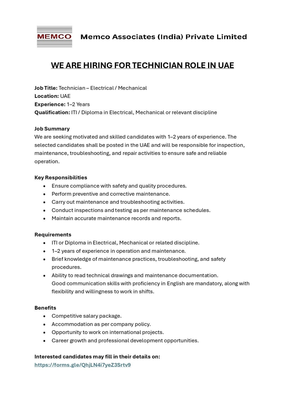 Memco Associates UAE Technician Jobs 2026 recruitment poster for Electrical and Mechanical Technicians. ITI/Diploma candidates with 1–2 years of experience can apply for maintenance, troubleshooting, inspection, and repair roles in the UAE.