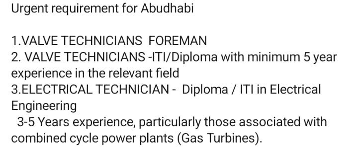 Urgent Abu Dhabi job vacancies for Valve Technicians Foreman, Valve Technicians, and Electrical Technicians with ITI/Diploma qualifications and power plant experience, including gas turbine maintenance professionals.