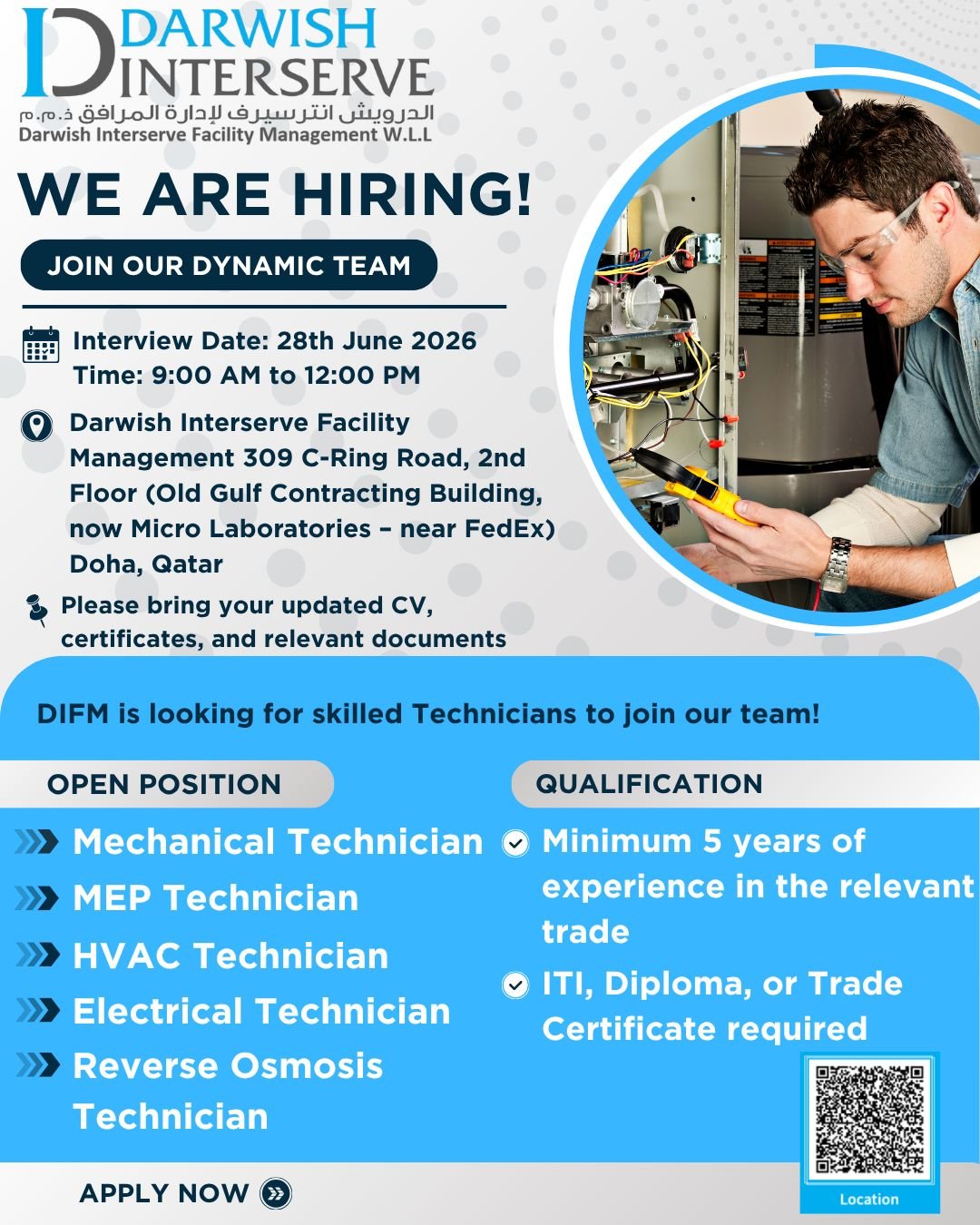 Darwish Interserve Facility Management Qatar walk-in interview 2026 hiring Mechanical, MEP, HVAC, Electrical, and Reverse Osmosis Technicians.