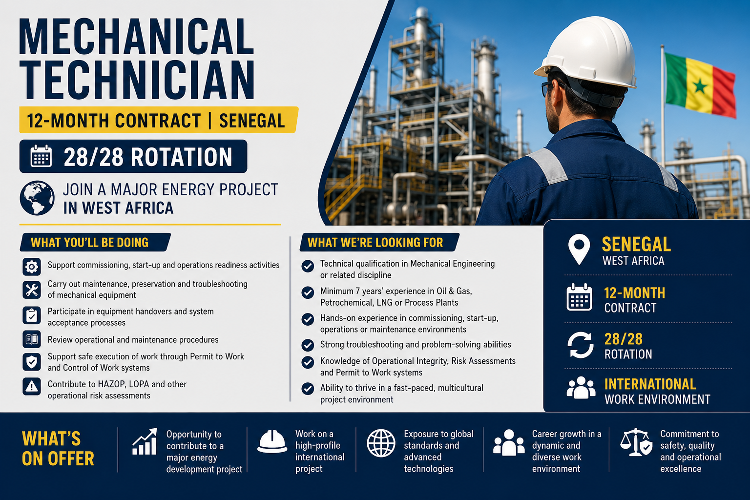Mechanical Technician job opportunity in Senegal featuring a 12-month contract with a 28/28 rotation schedule, highlighting commissioning, maintenance, troubleshooting, and Oil & Gas project experience in an international energy plant environment.
