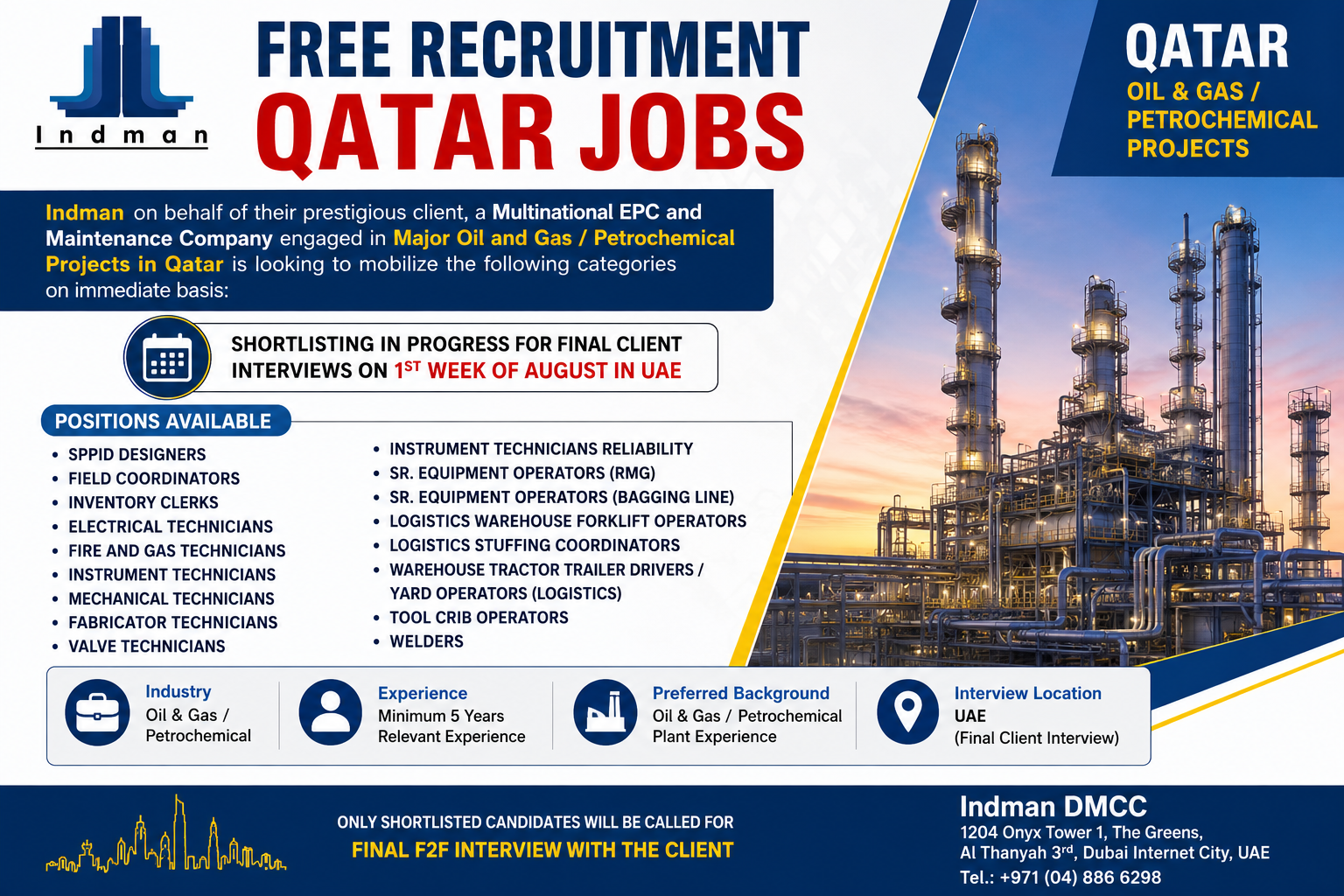 Free Recruitment Qatar Oil & Gas Jobs 2026 poster featuring multiple vacancies including Mechanical, Electrical, Instrumentation, Welding, Fabrication, Logistics, and Equipment Operator positions for major EPC and petrochemical projects in Qatar, with final client interviews scheduled in the UAE.