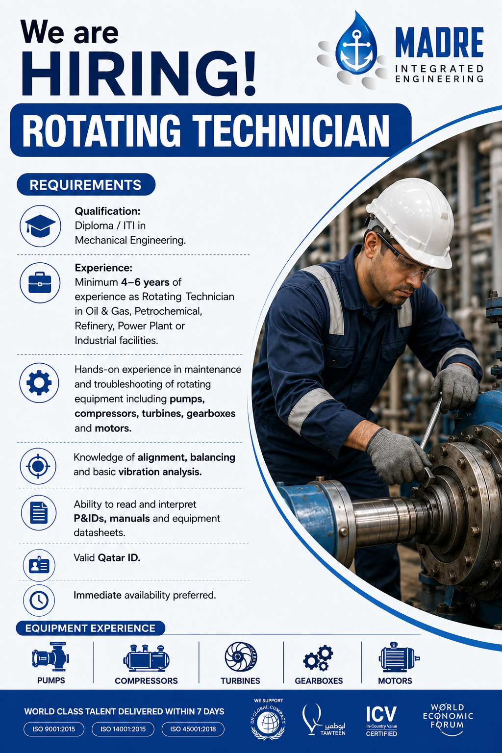 Rotating Technician Jobs in Qatar 2026 at Madre Integrated Engineering – Mechanical technician performing maintenance on industrial rotating equipment including pumps, compressors, turbines, gearboxes, and motors in an oil and gas facility.