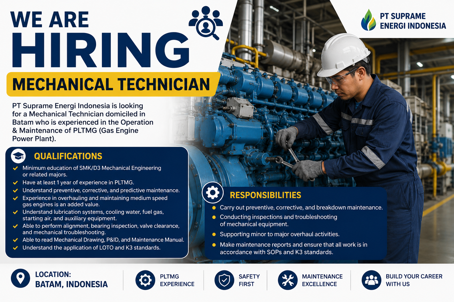 Mechanical Technician job opportunity at PT Suprame Energi Indonesia featuring a technician performing maintenance on a gas engine power plant (PLTMG) in Batam, Indonesia.