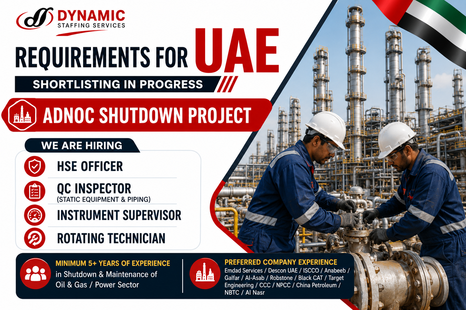 UAE ADNOC Shutdown Project recruitment poster featuring HSE Officer, QC Inspector, Instrument Supervisor, and Rotating Technician vacancies with refinery workers and industrial oil and gas plant background.