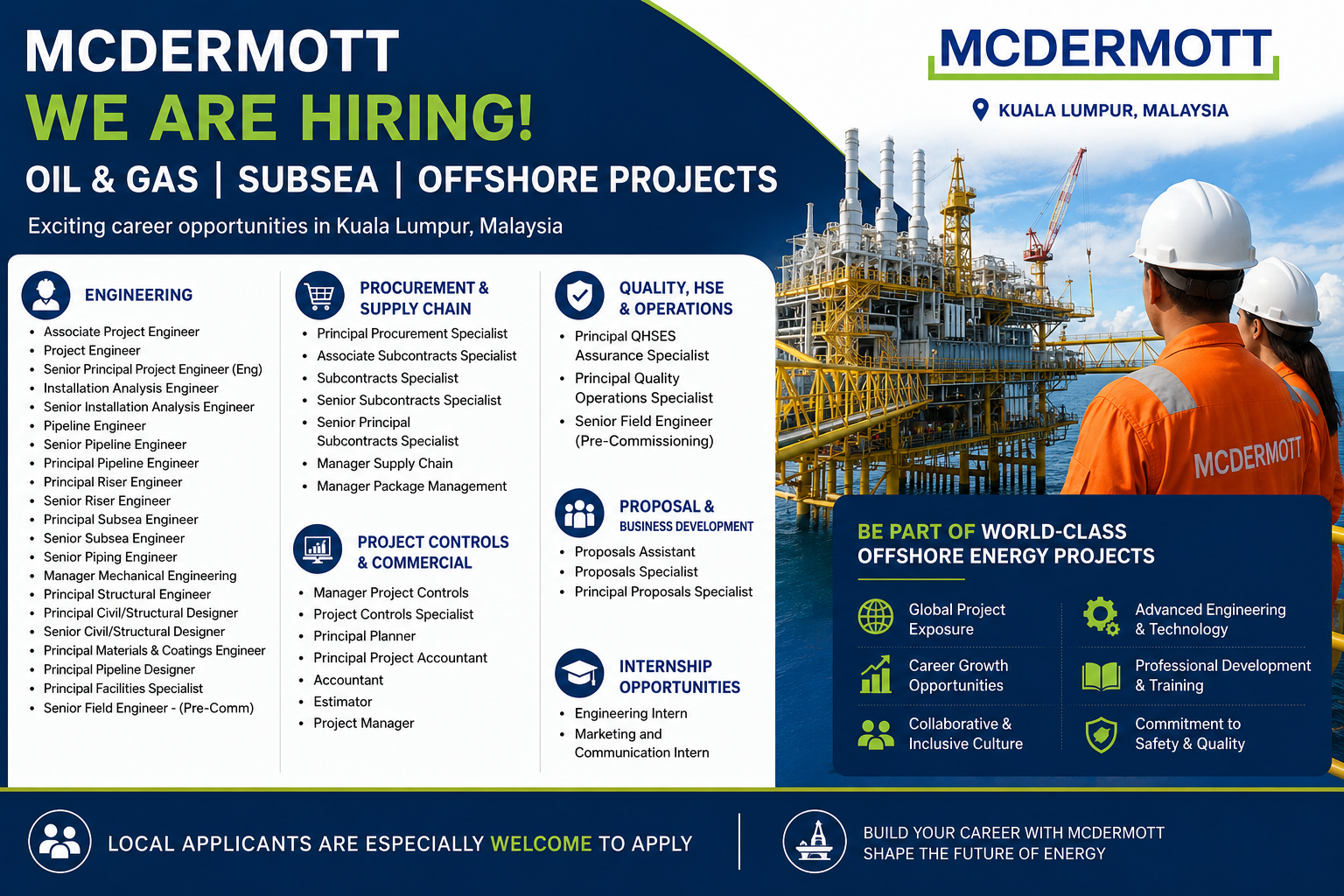 McDermott Oil & Gas hiring poster featuring multiple engineering, offshore, subsea, procurement, project controls, quality, and internship vacancies in Kuala Lumpur, Malaysia, with an offshore platform, engineers in PPE, and career growth highlights.
