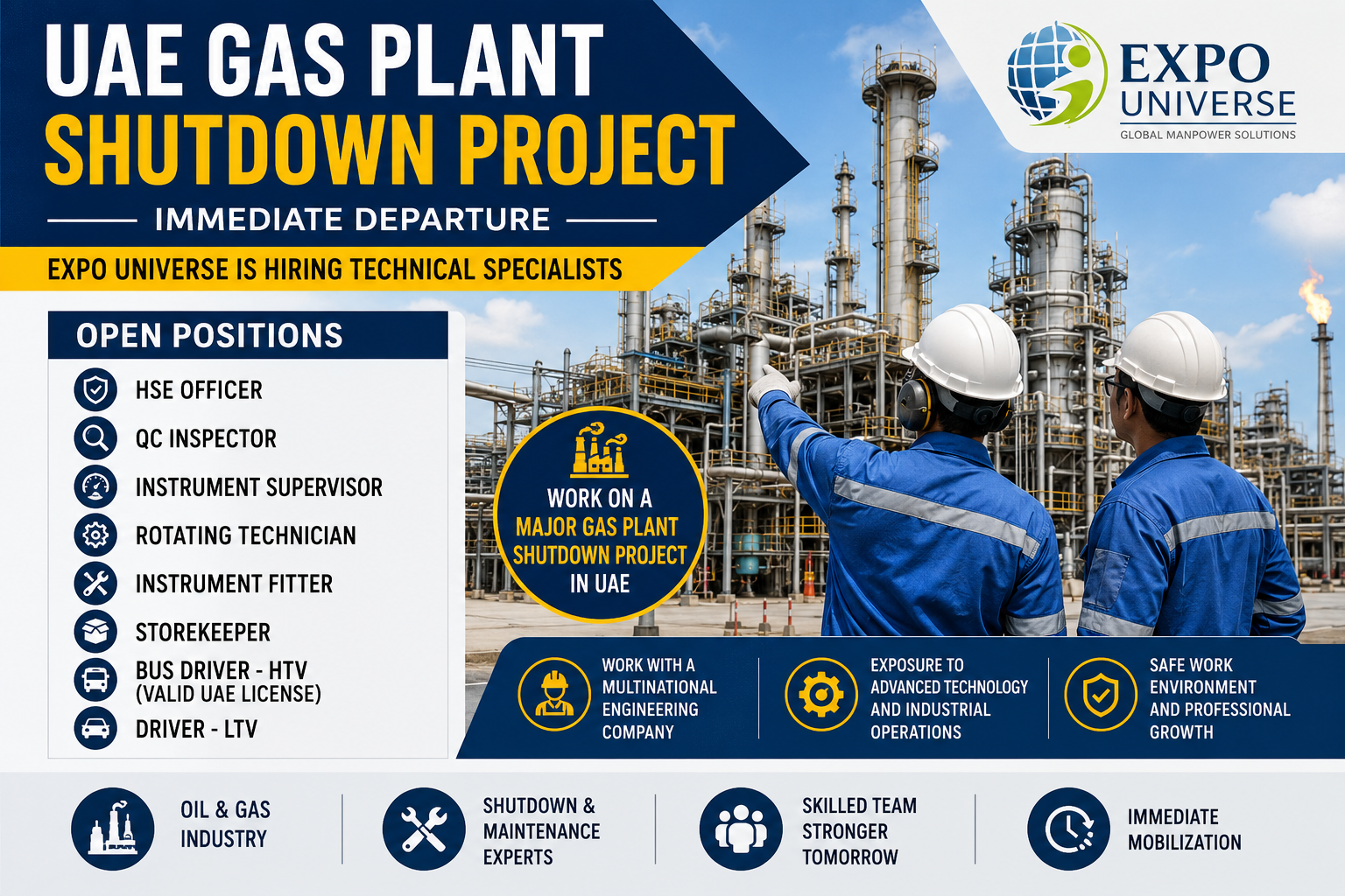 UAE Gas Plant Shutdown Project hiring banner by Expo Universe featuring multiple Oil & Gas job openings including HSE Officer, QC Inspector, Instrument Supervisor, Rotating Technician, Instrument Fitter, Storekeeper, Bus Driver (HTV), and Driver (LTV), with an industrial gas processing plant and engineers in safety gear.