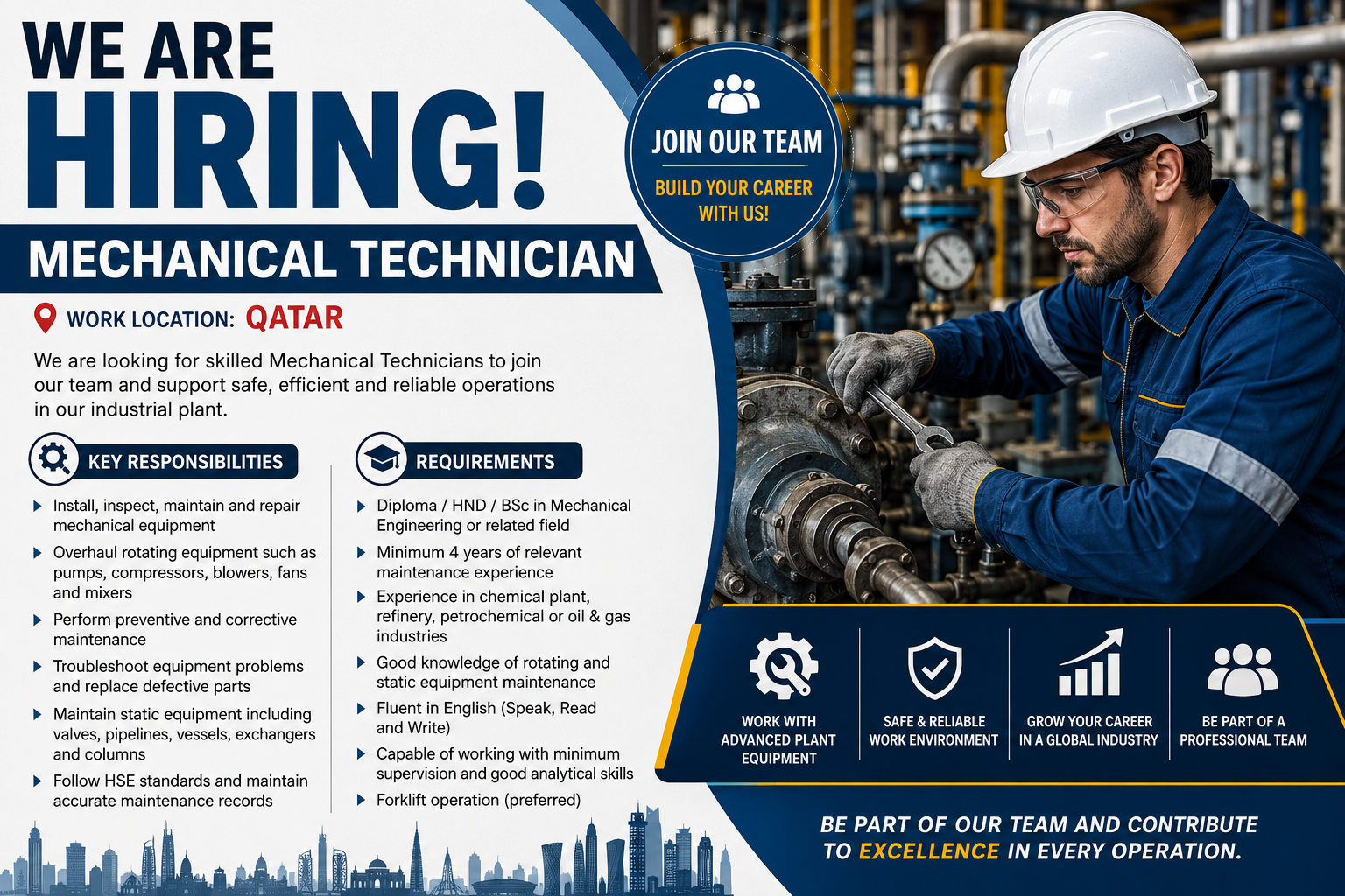 Mechanical Technician Jobs in Qatar 2026 for experienced industrial maintenance professionals specializing in rotating equipment and plant maintenance.