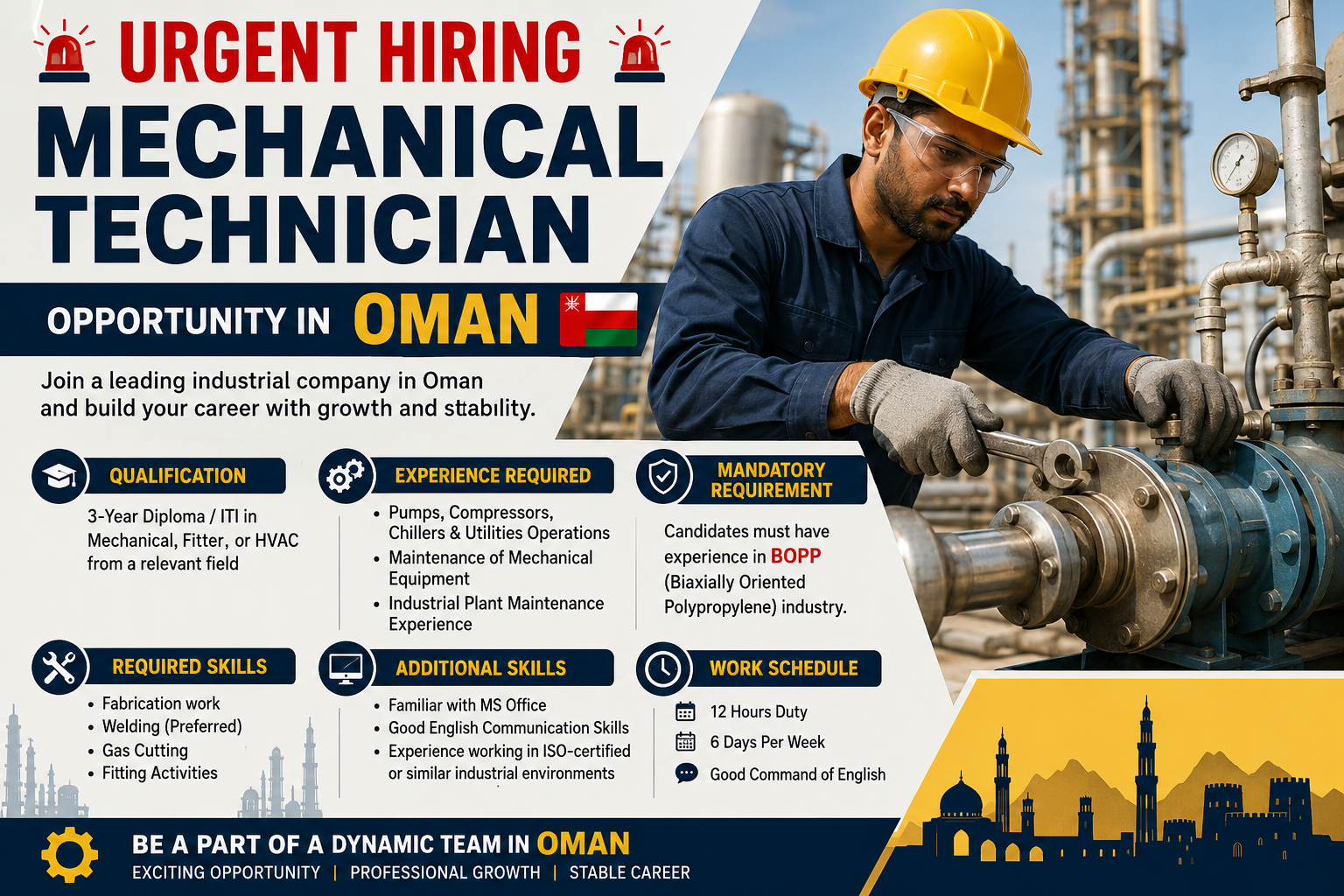 Urgent Mechanical Technician jobs in Oman for experienced industrial maintenance professionals. Hiring Diploma and ITI candidates with BOPP industry experience in pumps, compressors, chillers, utilities, fabrication, welding, gas cutting, and mechanical fitting.
