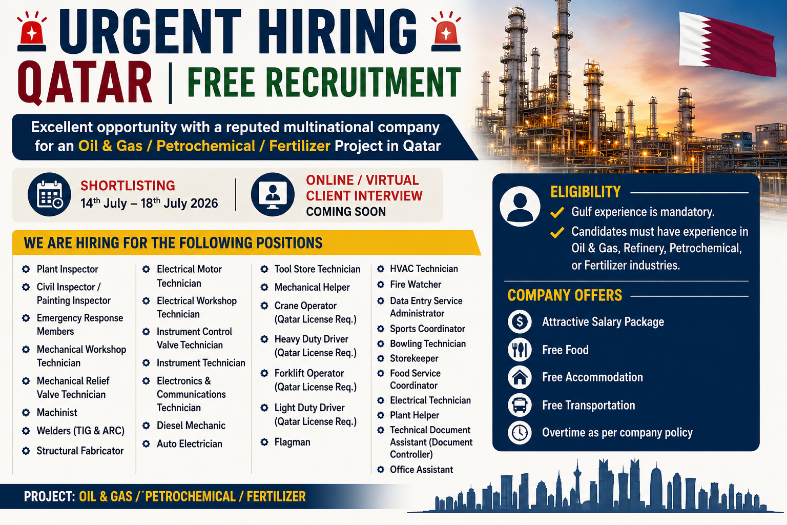 Qatar Oil & Gas Jobs 2026 recruitment banner featuring urgent free recruitment for multiple technical and maintenance positions in the oil, gas, petrochemical, and fertilizer industries, with an industrial refinery background, Qatar flag, eligibility requirements, and company benefits including free food, accommodation, transportation, and attractive salary.